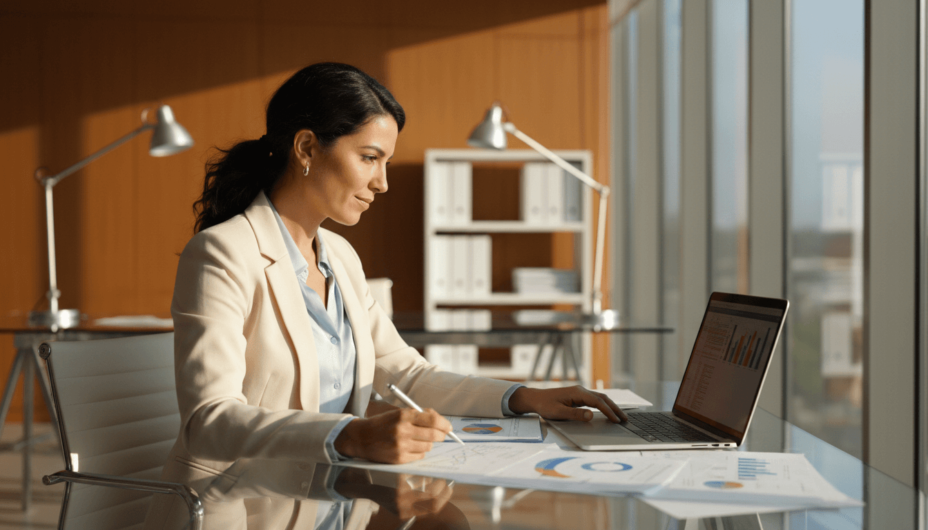 Professional woman reviewing business loan documents at desk