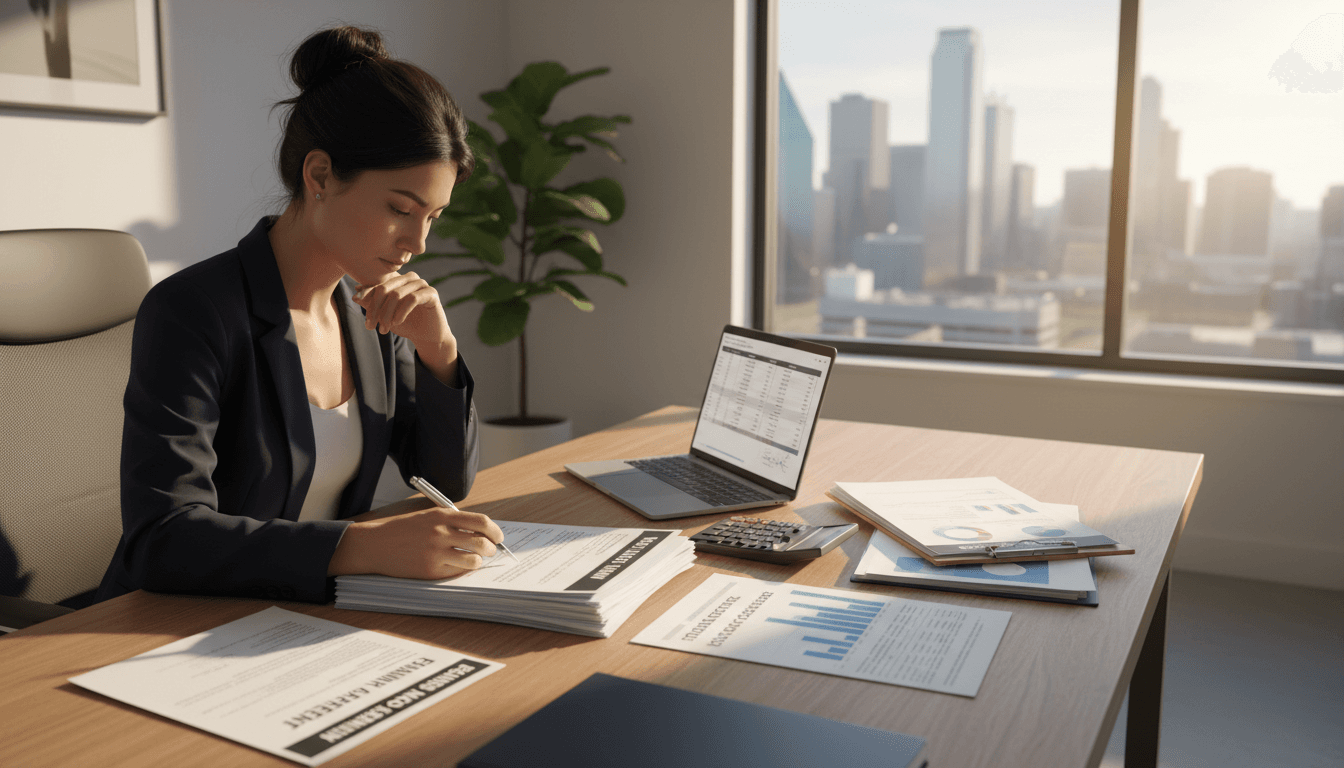 Business owner reviewing loan documents at desk with laptop