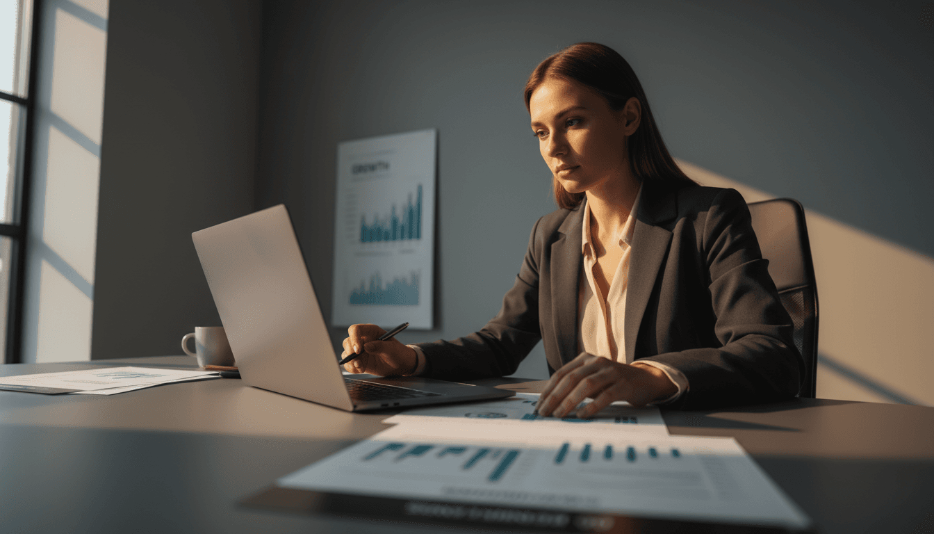 Business owner reviewing financing documents on a laptop at a modern desk