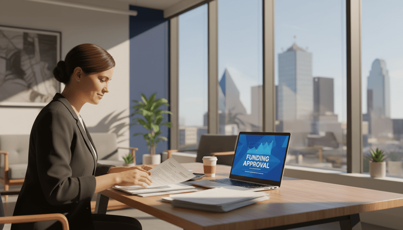 Business owner reviewing funding documents at desk
